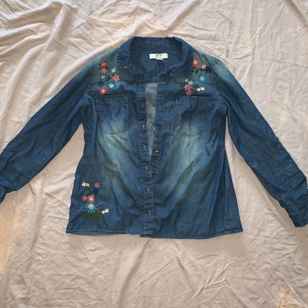 Denim Long Sleeve Button Up W/ Floral Embroidery